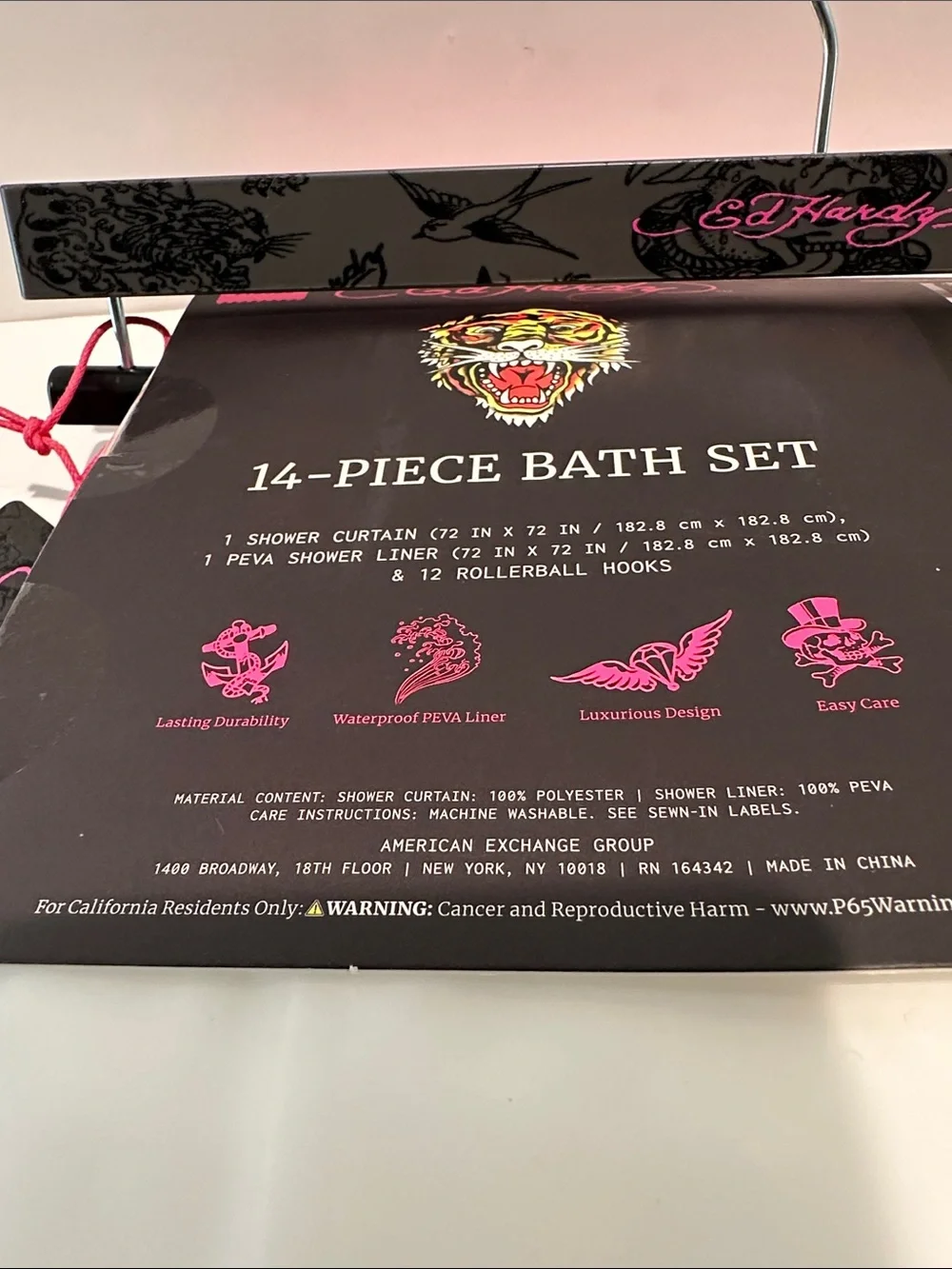 NWT Ed Hardy Tiger (14) Piece Shower Curtain Set with Fabric/Plastic.